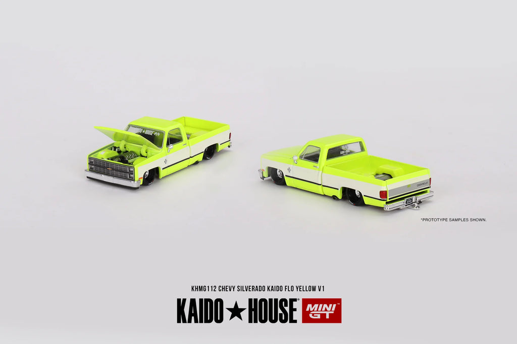 KAIDO HOUSE X MINI GT 112 - CHEVROLET SILVERADO KAIDO FLO YELLOW V1 1980