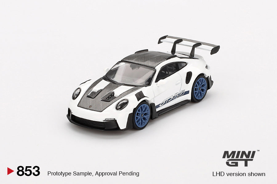 MINI GT 0853 - Porsche 911 (992) GT3 RS Weissach Package White with Indigo Blue