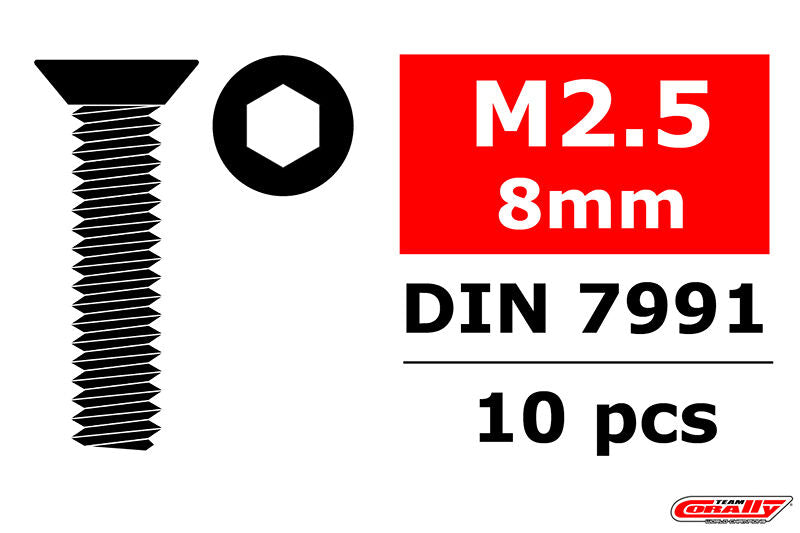 Team Corally C-3002-25-08 - Steel Screws M2.5 x 8mm - Hex Flat Head - 10 pcs