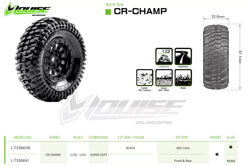 Louise RC - CR-CHAMP - 1-18/1-24 Crawler Tires - Super Soft - for 1.0 Wheels - L-T3366VI