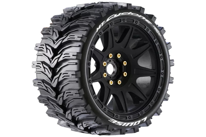 Louise RC - MFT - MT-CYCLONE speed - 1/8 Monster Truck Tire Set - Mounted - Soft - Black Wheels - Removable 1-8 MT HEX 17mm - 0" & 1/2" OFFSET - L-T3356SB