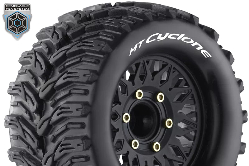 Louise MT-CYCLONE - 1/10 Monster Truck banden met zwarte velg. Offset 0 & 1/2, Hex 12 / 14 / 17mm