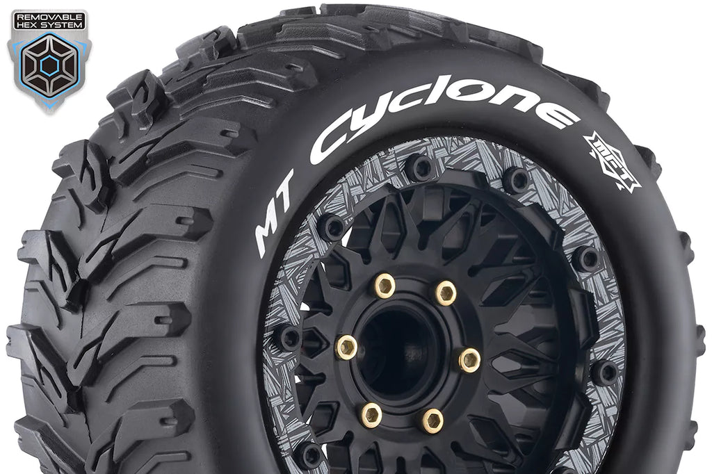 Louise MFT MT-CYCLONE - 1/10 Monster Truck banden met zwarte velg. Offset 0 & 1/2, Hex 12 / 14 / 17mm