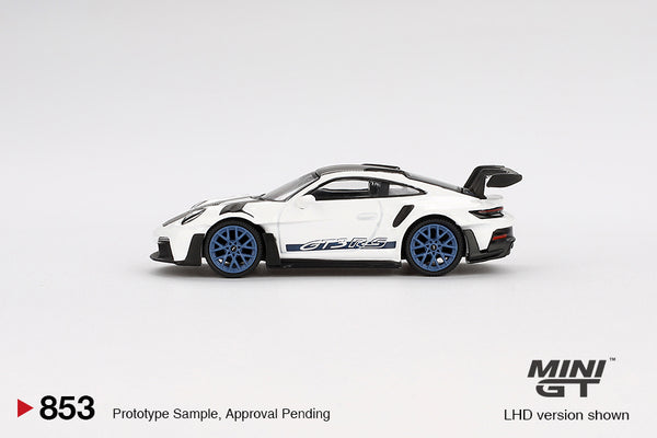 MINI GT 0853 - Porsche 911 (992) GT3 RS Weissach Package White with Indigo Blue