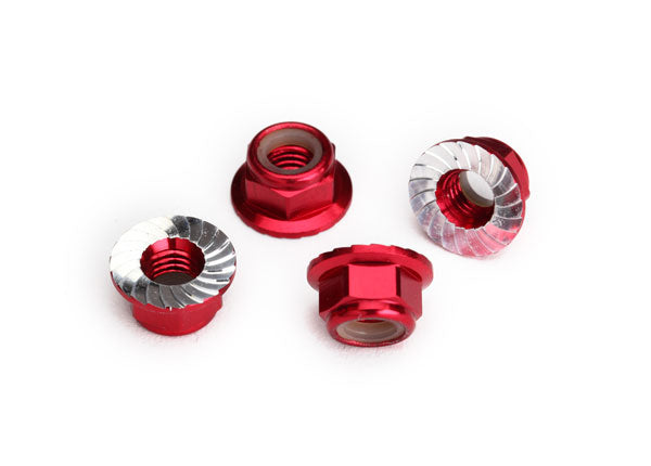 Traxxas TRX8447R - Nuts, 5mm flanged nylon locking (aluminum, red-anodized, serrated) (4)