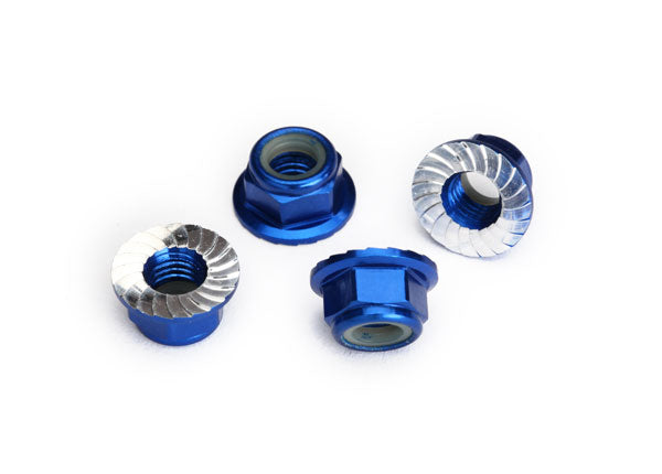 Traxxas TRX8447X - Nuts, 5mm flanged nylon locking (aluminum, blue-anodized, serrated) (4)