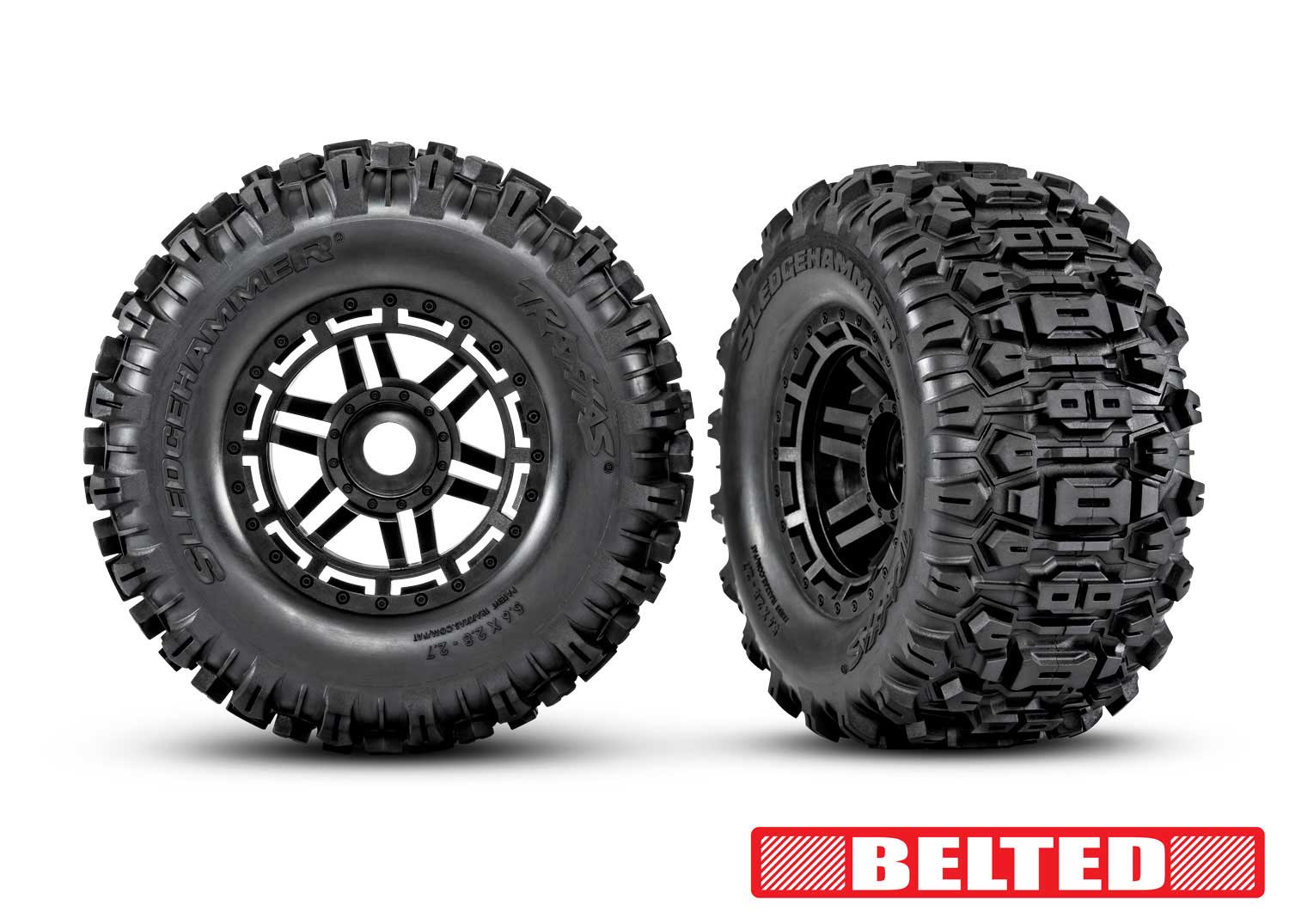 Traxxas TRX8979 - Tires & wheels, assembled, glued (black wheels, belted Sledgehammer All-Terrain tires, dual profile (2.9' outer, 3.8' inner), foam inserts) (2) (17mm splined) (TSM rated)