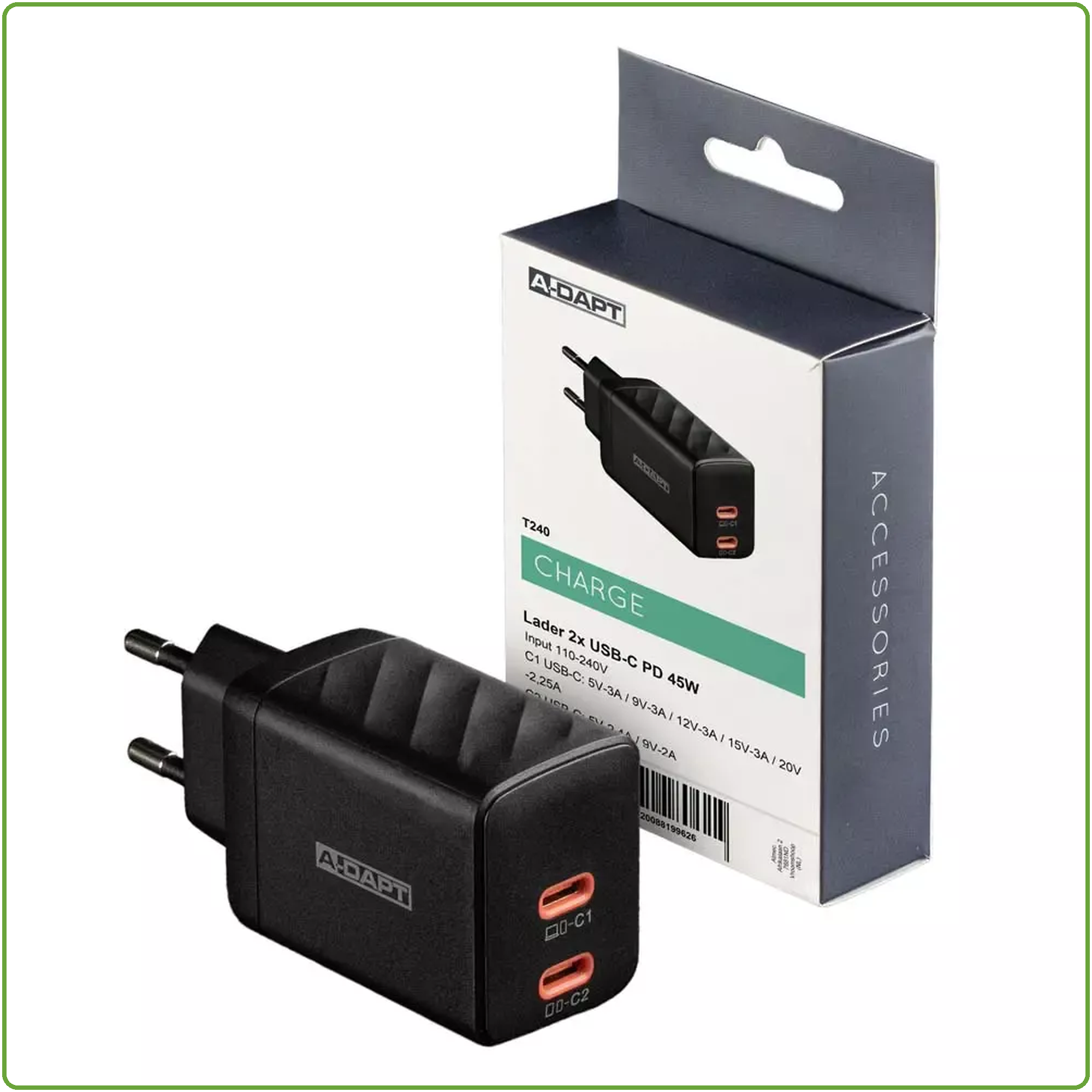 A-DAPT Thuislader 45W 2x USB-C PD zwart