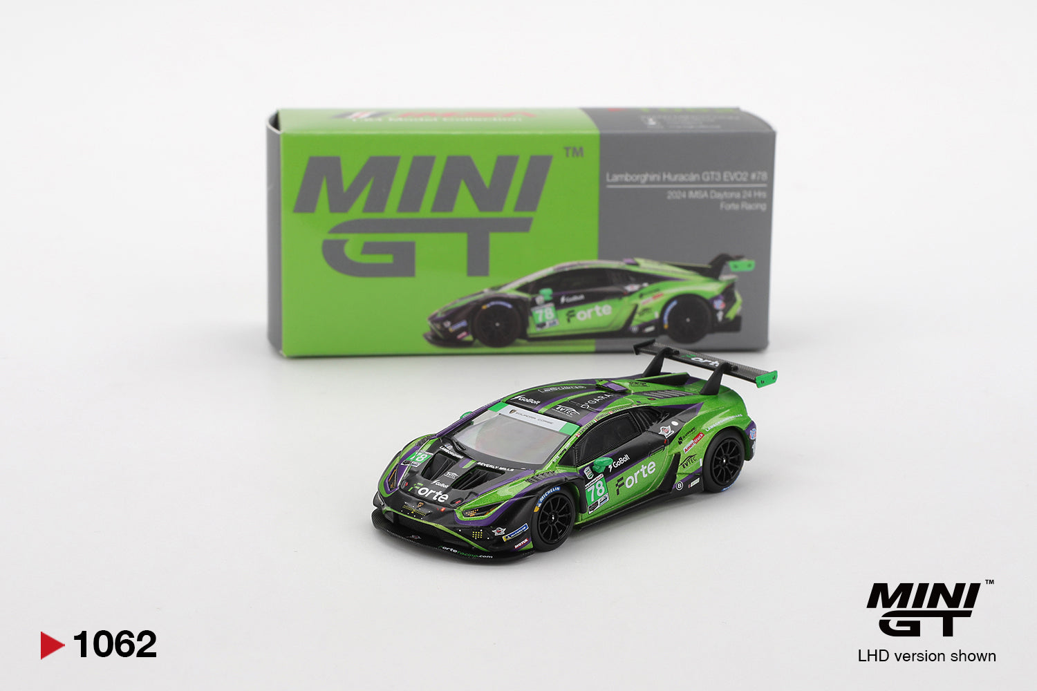 MINI GT 1062 - Lamborghini Huracán GT3 EVO2 #78 Forte Racing 2024 IMSA Daytona 24 Hrs (Blister)