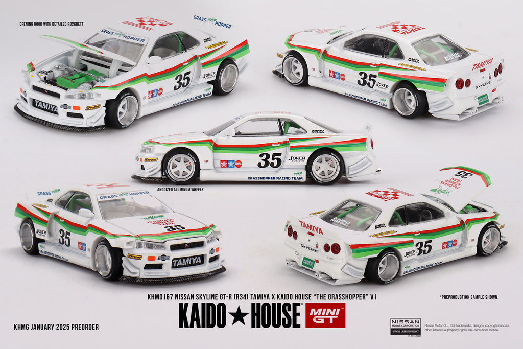 KAIDO HOUSE X MINI GT 0167 - Nissan Skyline GT-R (R34) TAMIYA x KAIDO HOUSE "The GRASSHOPPER" V1