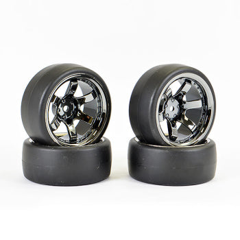 FASTRAX 1/10 (4) DRIFT D1 TYRE w/9MM 6-SPOKE WHEEL- BK CHROME (4st)