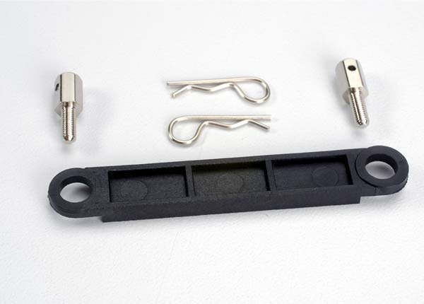 Traxxas TRX3727 - Battery hold-down plate (black)/ metal posts (2)/body clips